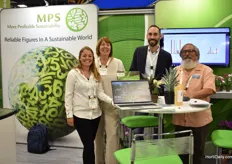 The team of MPS and LetsGrow. They have a partnership and are focusing on the Hortifootprint calculator. In the picture Winny van Heijningen of LetSGrow, Charlotte Smit and Maik Mandemaker of MPS and visitor Lloyd Traven from Peace Tree Farms.